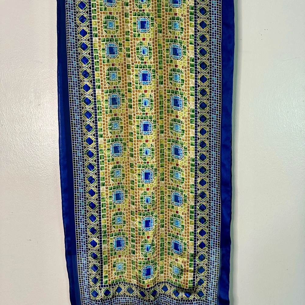 100% Silk Jewel Toned Geometric Patterned Long Rectangular Scarf